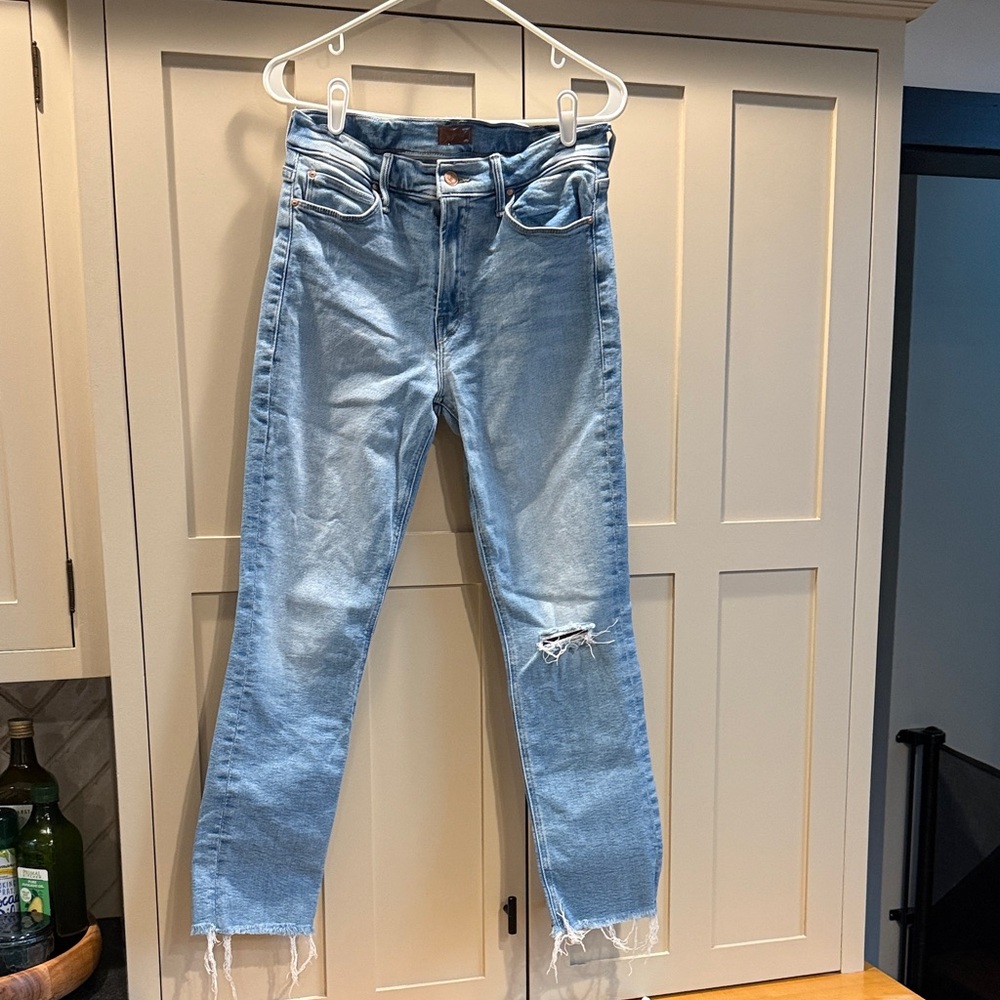 MOTHER Mid Rise Dazzler Ankle Fray- Light Blue Distressed Straight Leg Jeans